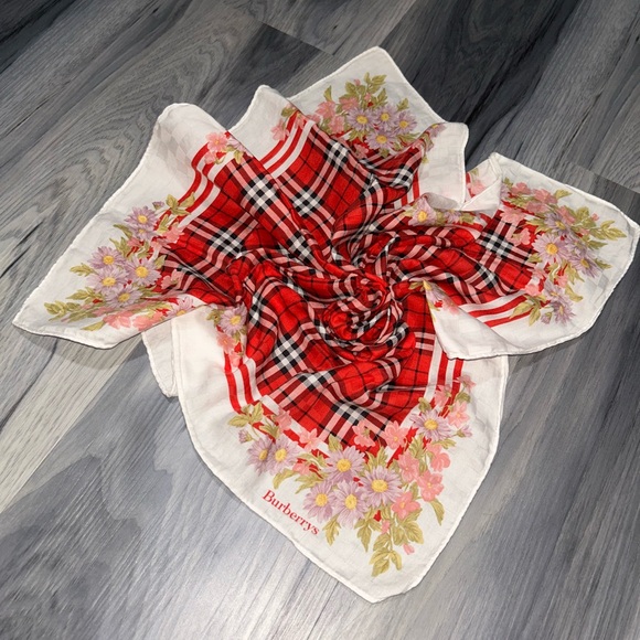 Vintage Burberry Red Nova Check White Floral Border Cotton Handkerchief - Picture 1 of 10